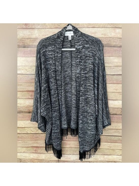 French Laundry Sweaters - French Laundry Women’s Black And Gray Fringe Cardigan Sweater Plus Size: 1X
